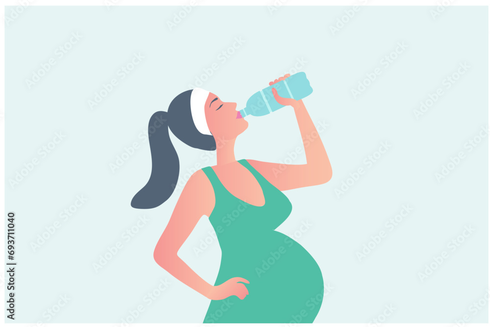 Pregnant woman drinking water bottle vector illustration. Healthy lifestyle mother and mother care concept Pregnant woman drinking water bottle vector illustration. Healthy lifestyle mother and mother care concept