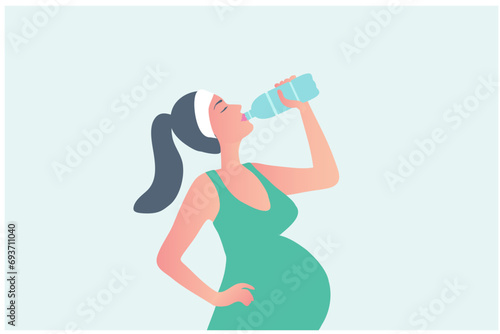 Pregnant woman drinking water bottle vector illustration. Healthy lifestyle mother and mother care concept