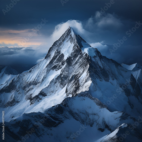 Mountain peak piercing the blue sky  Majestic mountain peak covered in snow  Mountain peak with snow and clear blue sky in the background.  Isolated mountain peak glowing under the Milky Way galaxy   
