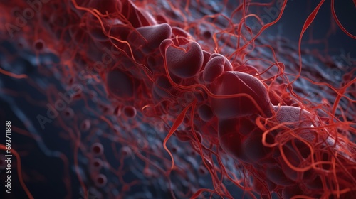 Blood vessel, hemoglobin close-up. Medical venous structure, dark background. AI generated.