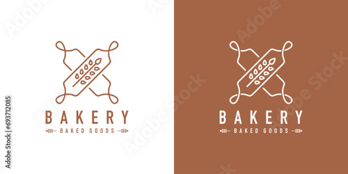 Creative Rolling Pin, Wheat, Bakery Logo Designs with Lineart Outline Style. Icon Symbol Logo Design Template.