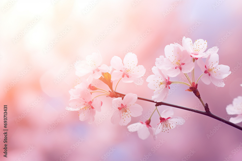 Cherry blossoms on a pink blurred background, close-up, space for text