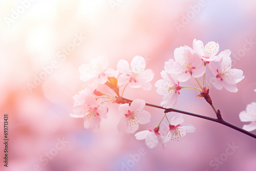 Cherry blossoms on a pink blurred background, close-up, space for text © Minithalie