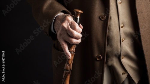 Grandparents Day. An elderly man holds a cane in his hand, close-up, dark background. AI generated.