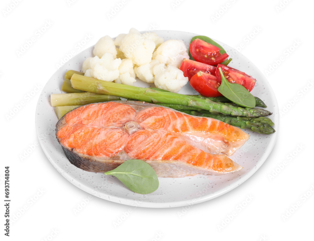 Healthy meal. Plate with grilled salmon steak and vegetables isolated on white Healthy meal. Plate with grilled salmon steak and vegetables isolated on white