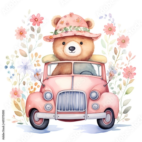 Cute Cartoon Bear In Car And Flowers Watercolor Clipart Illustration