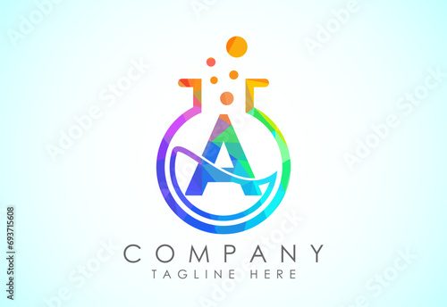 English alphabet A with science lab emblem. Low poly style lab science technology logo design