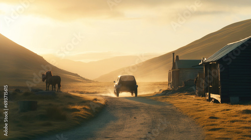 A vintage car drives along a dirt road in the rays of a sunset in a wasteland, desert. AI generated.