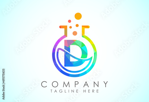 English alphabet D with science lab emblem. Low poly style lab science technology logo design