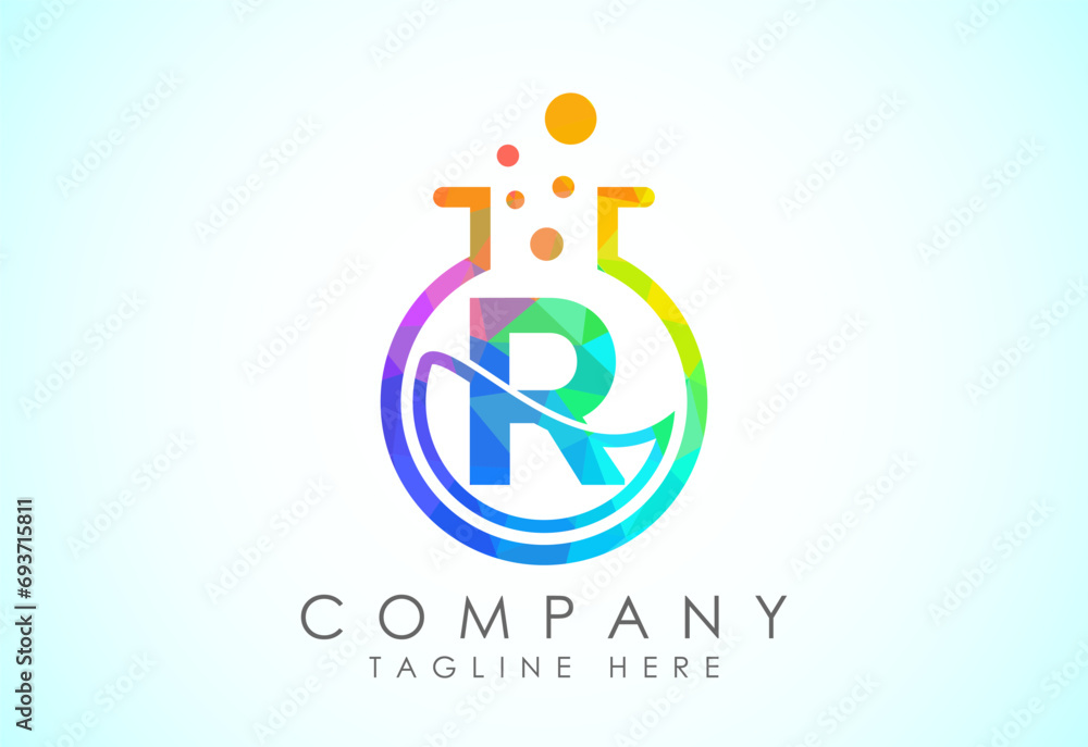 English alphabet R with science lab emblem. Low poly style lab science technology logo design English alphabet R with science lab emblem. Low poly style lab science technology logo design