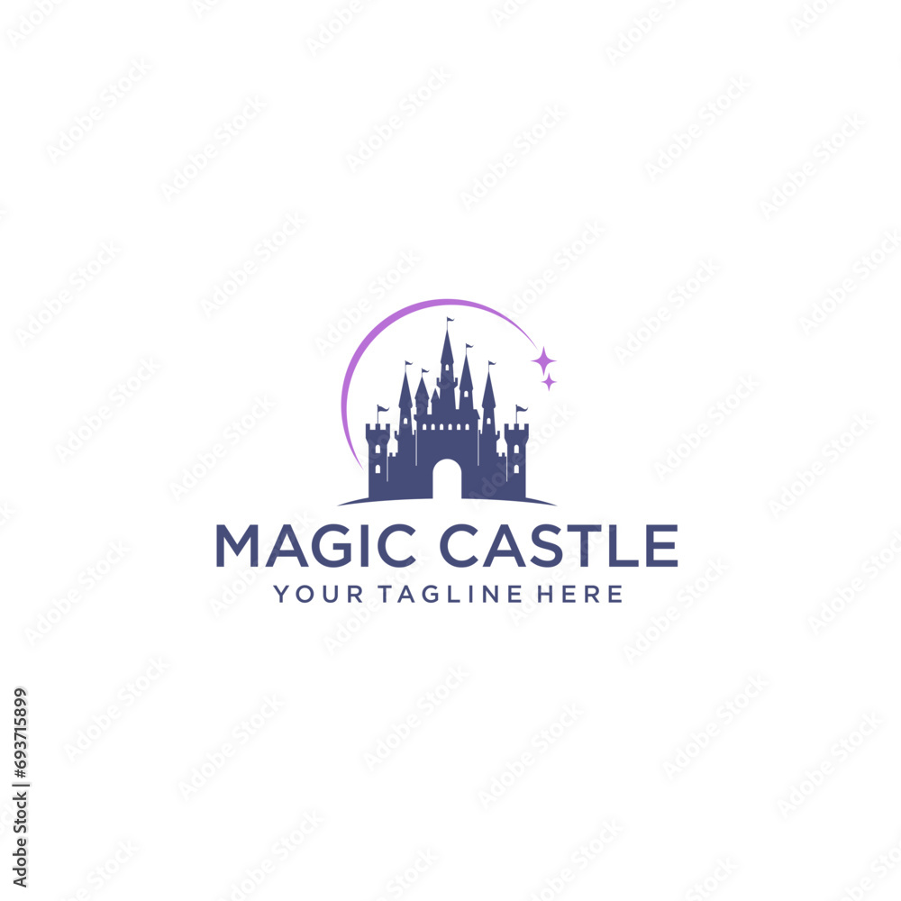 Silhouette of a magic castle standing on a hill. Cartoon vector illustration, travel, tourism, fantasy design clothing. stars and airplanes. Excursion tour for children in amusement parks.