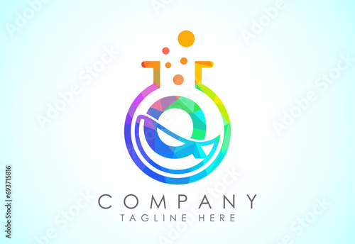 English alphabet Q with science lab emblem. Low poly style lab science technology logo design