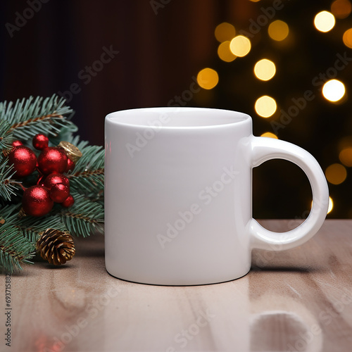 white cup mockup on wooden table on blurred Christmas background .Close-up of a ceramic cup for advertising and design for New Year and Christmas.