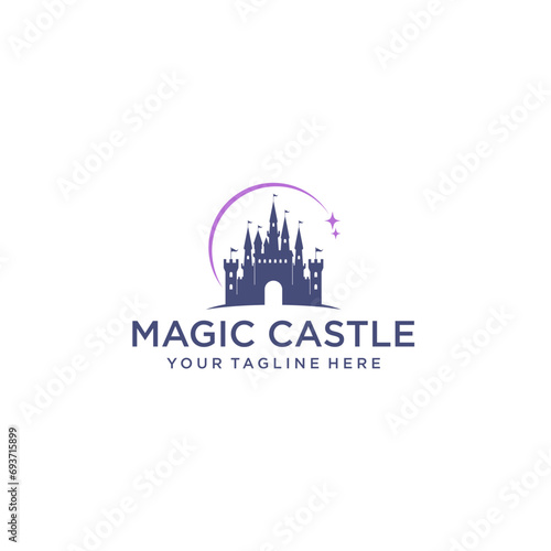 Silhouette of a magic castle standing on a hill. Cartoon vector illustration, travel, tourism, fantasy design clothing. stars and airplanes. Excursion tour for children in amusement parks.