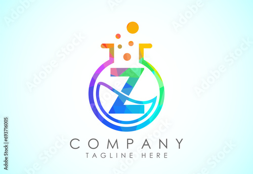 English alphabet Z with science lab emblem. Low poly style lab science technology logo design