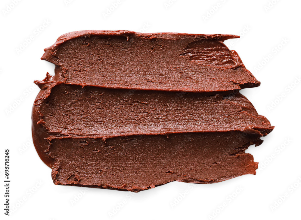 Smear of tasty chocolate paste on white background, top view Smear of tasty chocolate paste on white background, top view
