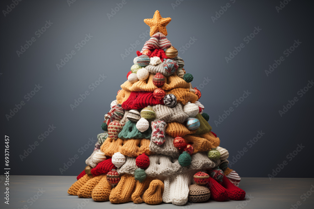 Creative knitted multicolor Christmas tree with balls stand isolated on a grey background