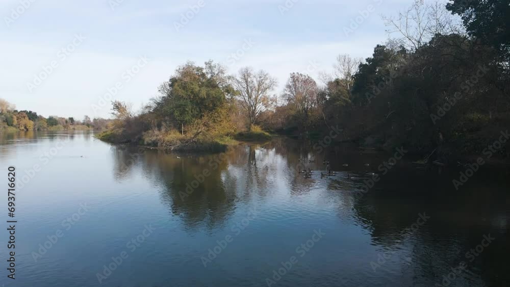 Drone flight on the american river in sacramento california in winter Drone flight on the american river in sacramento california in winter