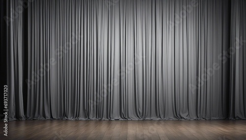 Movie or theater curtain with wooden floor and black curtains. 3D Rendering