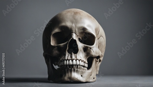 Human skull on gray background. photo
