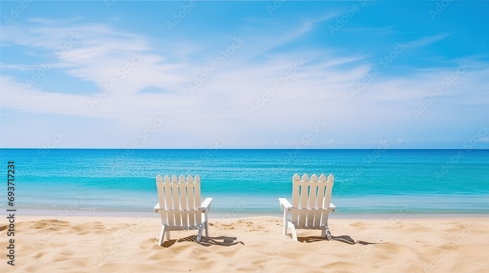 Two deck chairs for sunbathing on the beach, sunny beach view, clear sky. blue sky and white clouds