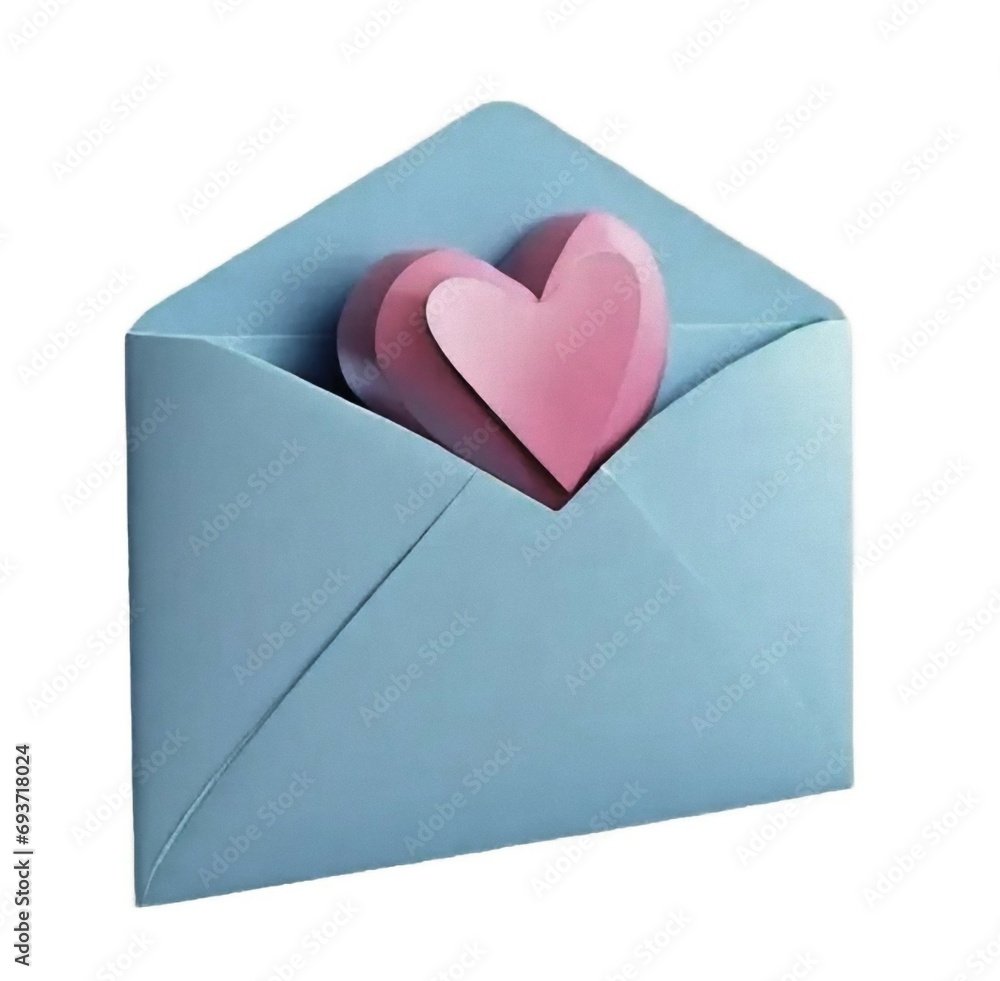 blue envelope with pink paper heart on white isolated background blue envelope with pink paper heart on white isolated background