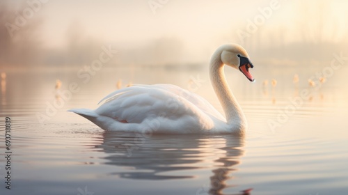 Serene Swan on Misty Lake at Sunrise