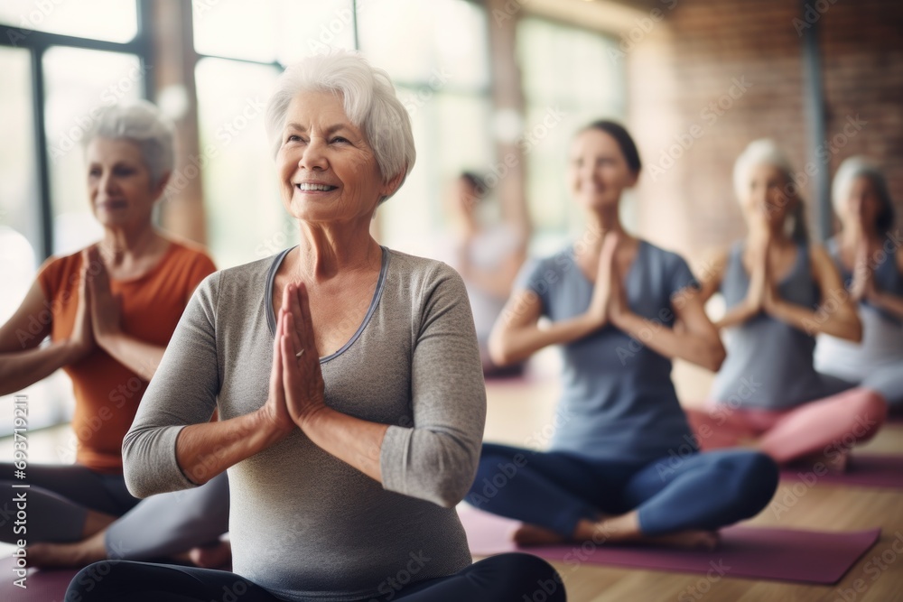 Elderly and middle-aged women doing physical exercises, yoga, pilates in the gym. Active healthy lifestyle Elderly and middle-aged women doing physical exercises, yoga, pilates in the gym. Active healthy lifestyle