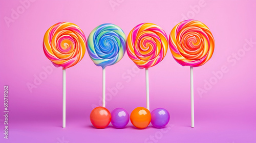 A mesmerizing arrangement of vibrant, glossy swirl lollipops against a whimsical pastel gradient backdrop.