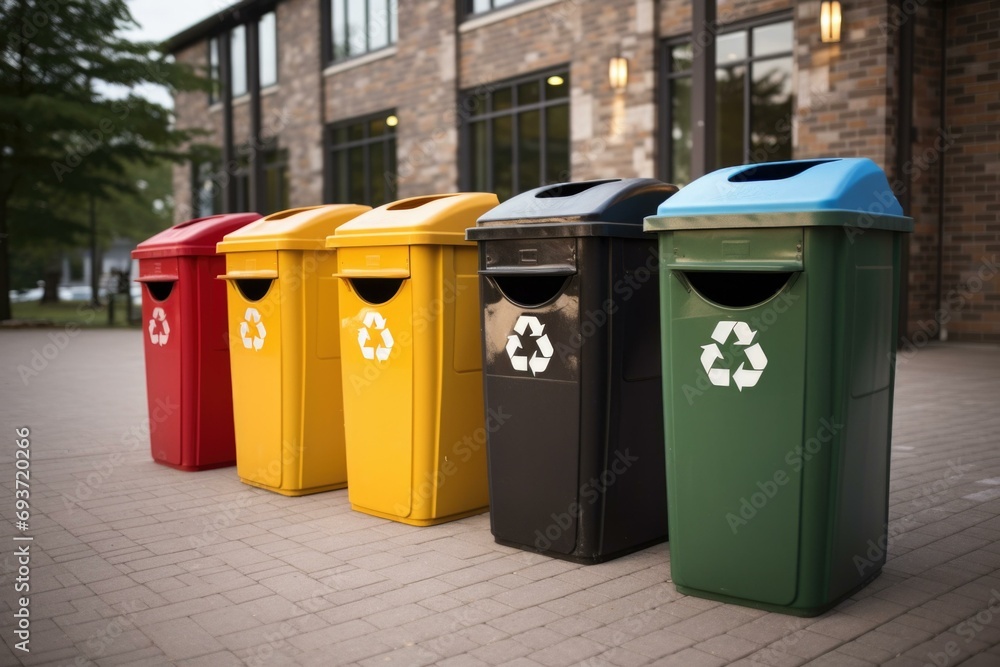 A row of colorful recycling bins in front of a building. Generative AI. A row of colorful recycling bins in front of a building. Generative AI.