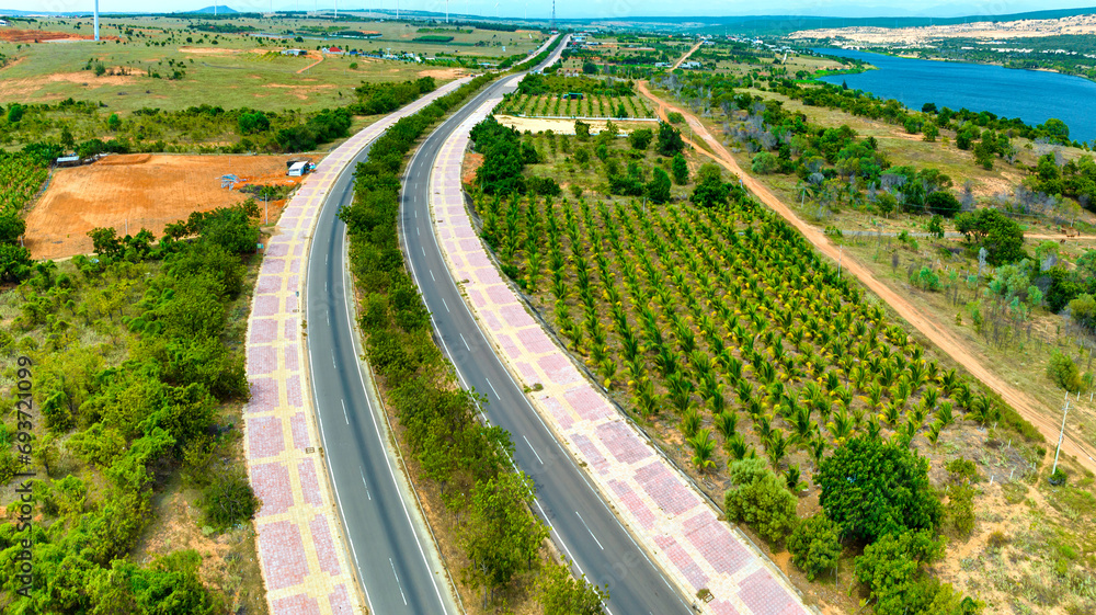 Aerial view of highway in the desert, Mui Ne, Vietnam. This is considered the most beautiful road across the desert from Mui Ne to Phan Ri along the central coast of Vietnam.