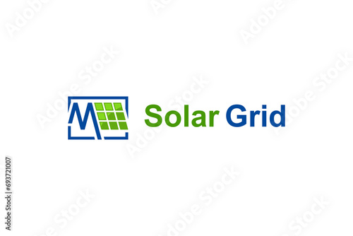 Solar panel cell technology industry logo design M initial letter.