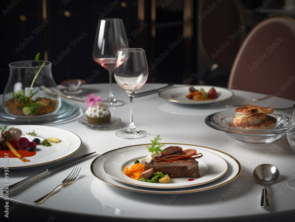A fine dining experience with a beautifully plated multi-course meal accompanied by a selection of wines in elegant glassware
