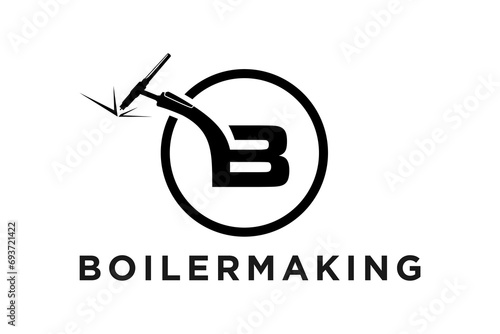 Welding industrial fabrication logo design, with the initial letter B welding handle and burning electrode.