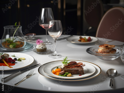 A fine dining experience with a beautifully plated multi-course meal accompanied by a selection of wines in elegant glassware