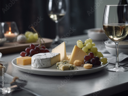 A high-angle shot of a gourmet cheese platter accompanied by wine glasses and fresh grapes on a stylish dining table