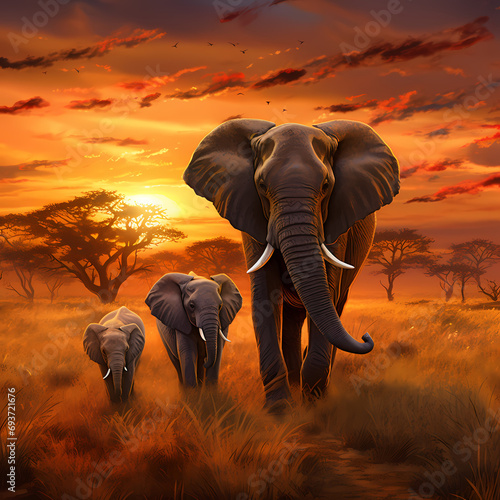 Elephant family grazing on the golden savannah at sunset