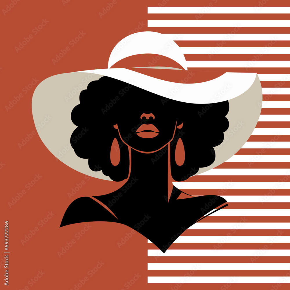 Portret pięknej kobiety w eleganckim kapeluszu z szerokim rondem w minimalistycznym stylu. Młoda dziewczyna z kolczykami. Ilustracja wektorowa High Fashion. - obrazy, fototapety, plakaty 