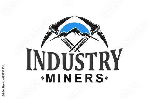 Manual mining logo design using a pick ax in rocky mountain areas.