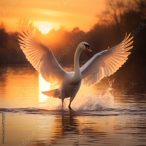 Graceful swans taking flight against a backdrop of golden hour hues © Cao