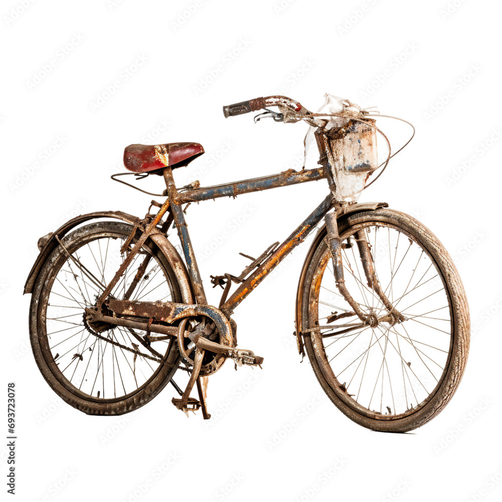 Ruined bicycle, transparent background, isolated image, generative AI