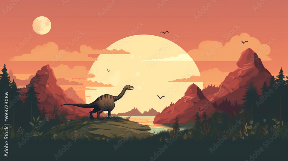 sunset in the mountains a dinosaur in a nature setting, the minimalist design adding a touch of whimsy to the scene