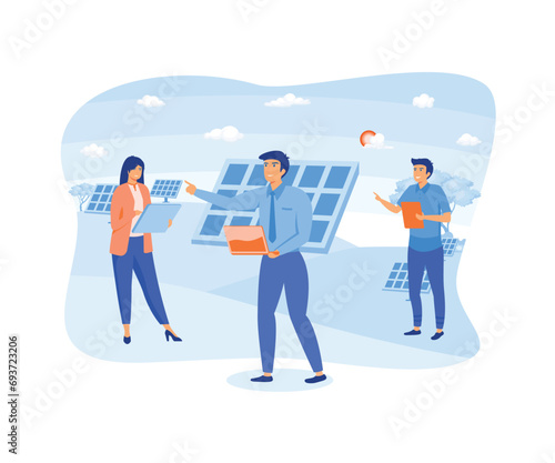 Solar energy panel system concept. Installation of solar modules. Field service technicians, engineers, managers and architects. flat vector modern illustration