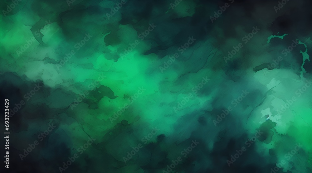 Fototapeta premium Black emerald jade green abstract pattern watercolor background. Stain splash rough daub grain grunge. Dark shades. Water liquid fluid. Design. Template