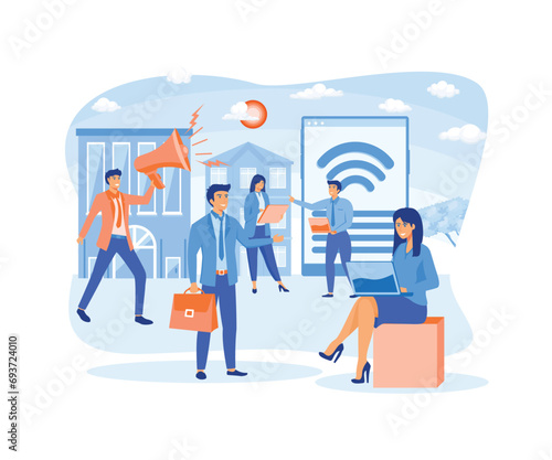 Smart home concept.  internet wifi, data transfer, communication, connecting apartment buildings to the internet, control via tablet.  flat vector modern illustration 