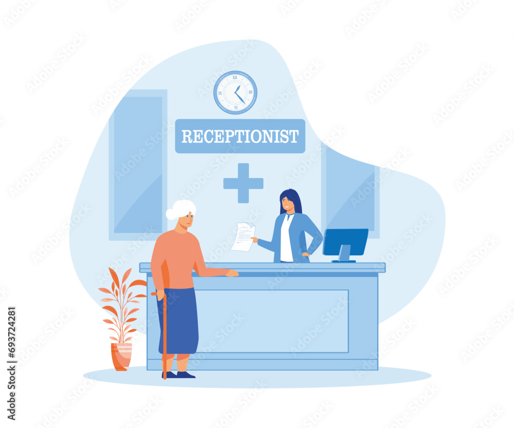Hospital receptionist giving information to elderly woman, checking appointment. flat vector modern illustration 