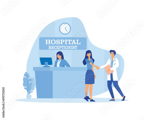 Smiling doctor, woman with prosthesis and receptionist. Hospital visit, happy doctor and patient handshake at the front desk. flat vector modern illustration 