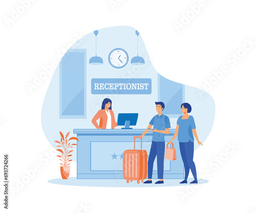 A couple of tourists or travelers standing at the reception desk and talking to the receptionist. flat vector modern illustration 