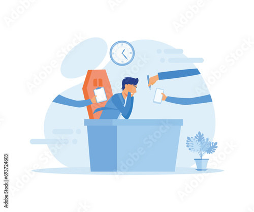 Business Man Surrounded by Hands with Office Things. Multitasking and Time Management. flat vector modern illustration 