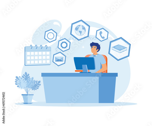 Happy business man with multitasking skills sitting at his laptop with office freelance worker.  flat vector modern illustration 